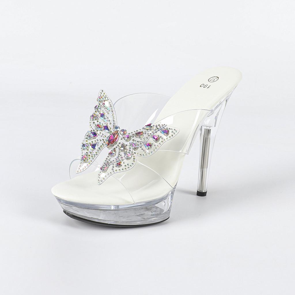 Rhinestone Sexy High Heel 13CM Thin Heel Waterproof Table Slippers Transparent Crystal Shoes Shoes Banquet High LFD-1099-Q22