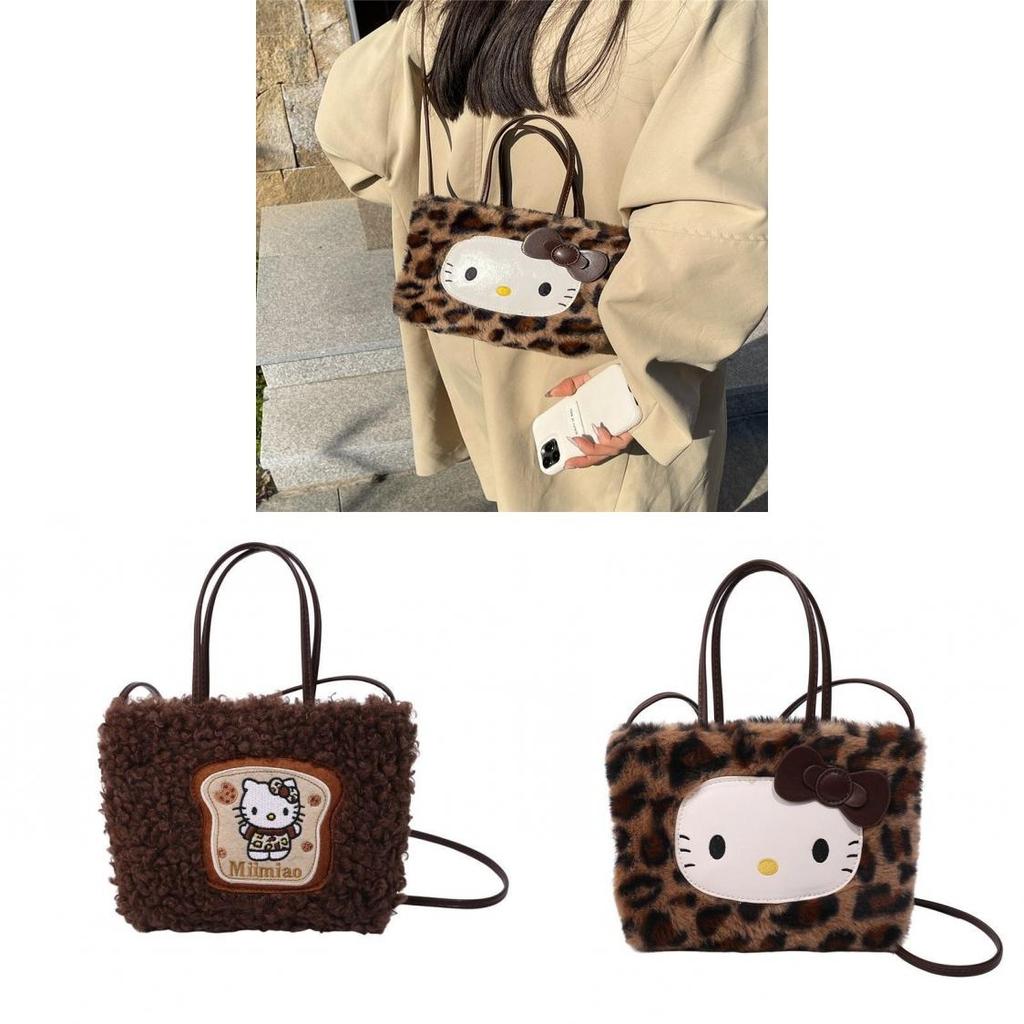 Hello Kitty Cartoon Plush Shoulder Bag With Spotted Pattern For Casual Outfits