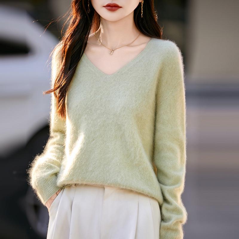Autumn & Winter 100% Pure Wool V-Neck Loose Women's Knitted Sweater