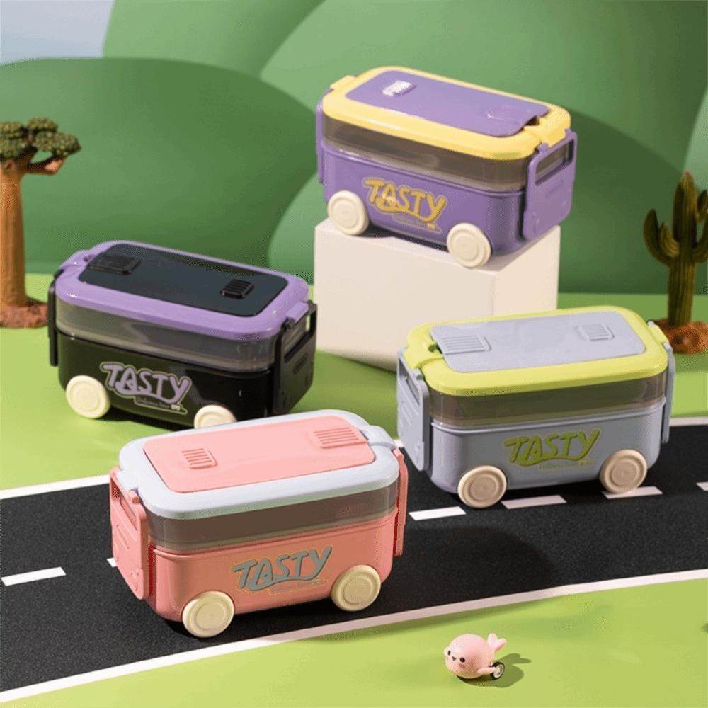 Movable Compartment Bus Lunch Box Double Layer Sealed Car Shape Lunch Box with Tableware Leakproof Food Container Microwaveable