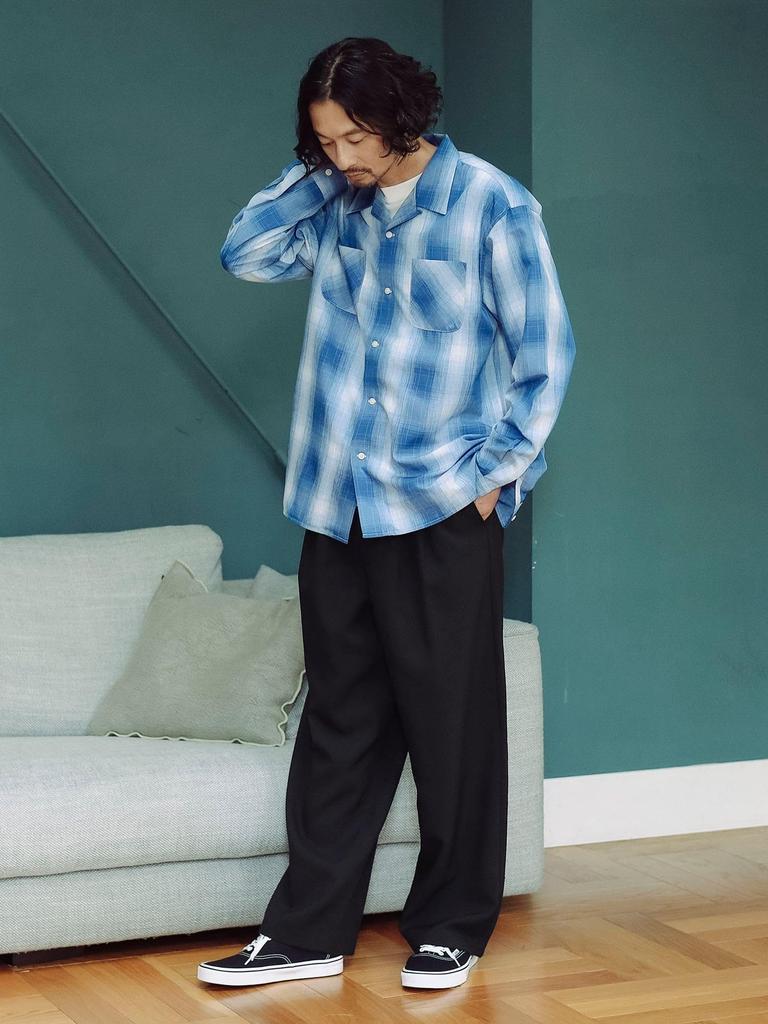 B:MING LIFE STORE by BEAMS Men's Large/Small Polyester Check Open Collar Shirt, Blue, Size M