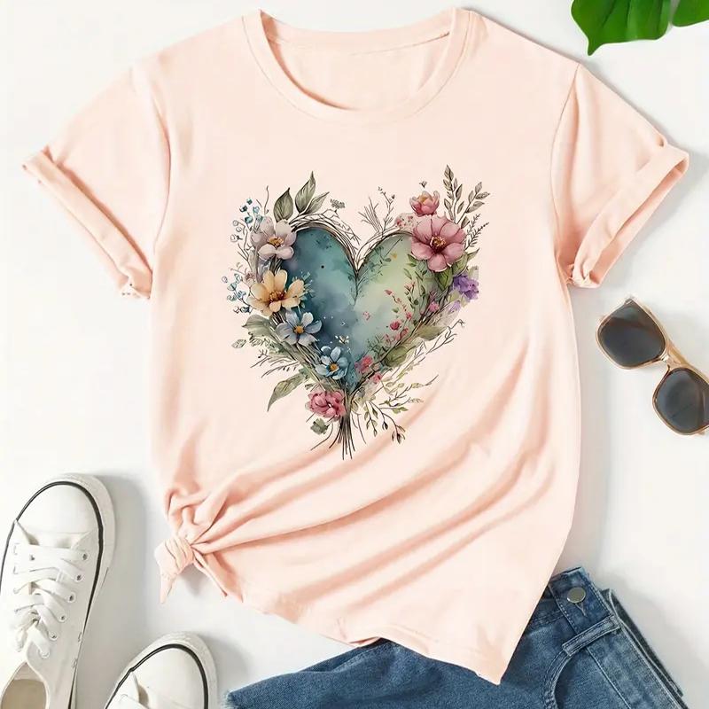 

Женская летняя футболка с принтом в форме сердца, футболки с коротким рукавом, повседневные топы с принтом XS розовый