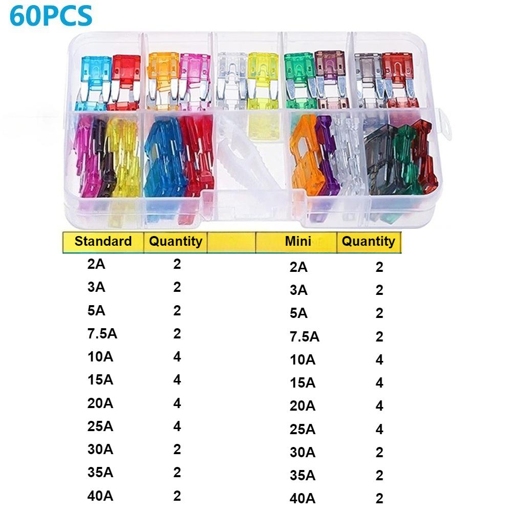 180/60Pcs Car Fuses Assorted Kit, 60 Mini Blade Car Fuse +60 Standard  Automotive +60 Micro  + Fuse Puller 60PCS KIT