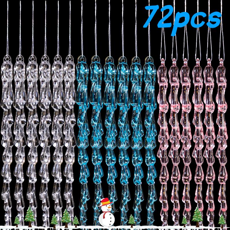 12/72pcs Christmas Ice Pendant Clear Clear Simulation Crystal Drops Acrylic Xmas Tree Ornaments Winter New Year Party Decoration