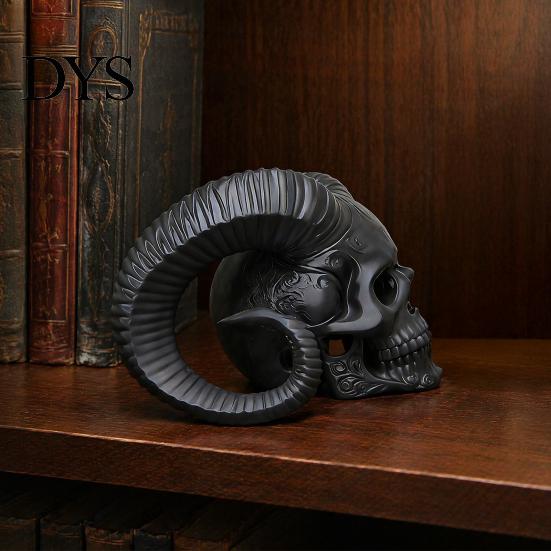 Modern Gothic Atmosphere Pieces 3D Printed Goat Horn Skull Ornament, Ram Horned Devil Trendy Bookshelf Statues Skull, Halloween Dark Desktop