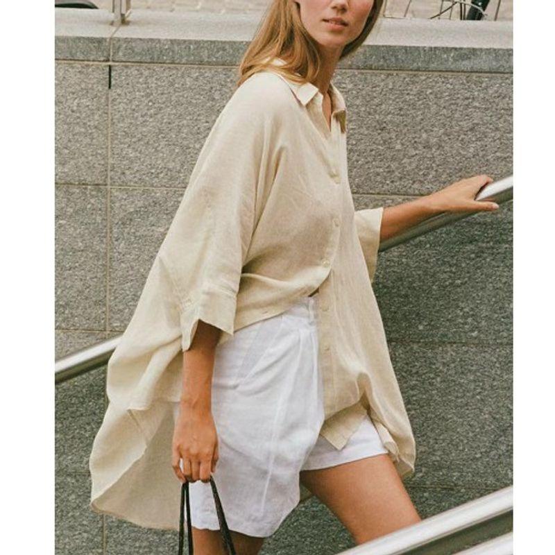 

Женская одежда больших размеров Мода для полных девушек Осень Белая Однобортная Спереди Длинная Сзади Свободная Повседневная Рубашка с рукавом ¾ M-4XL Khaki 4XL