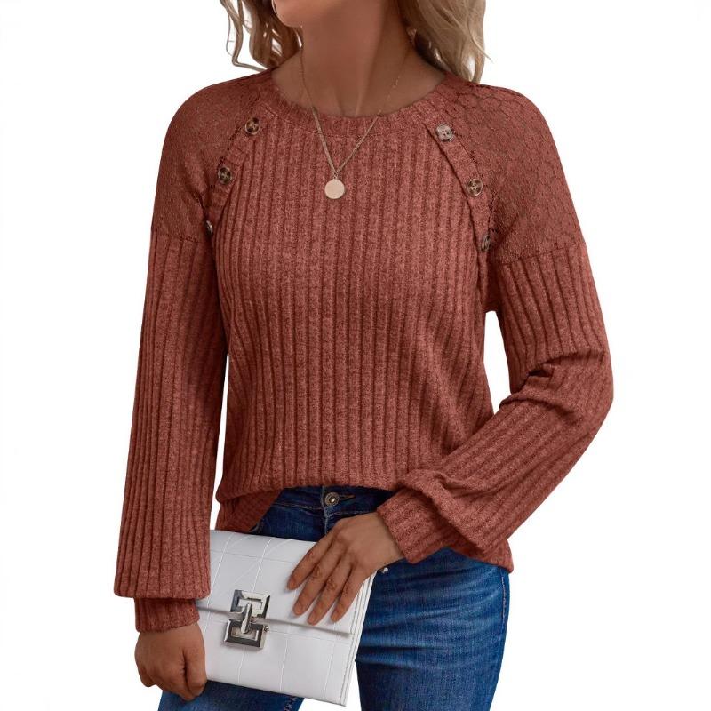 Women's Round Neck Solid Color Hollow Button Long Sleeved Casual Patchwork Top