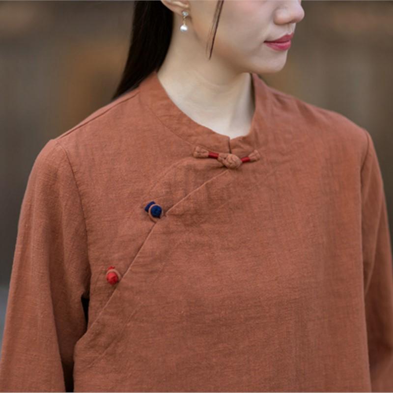 Johnature Women Vintage Shirts Stand Tops Spring Chinese Style Solid Color Long Sleeve Button Female Shirts