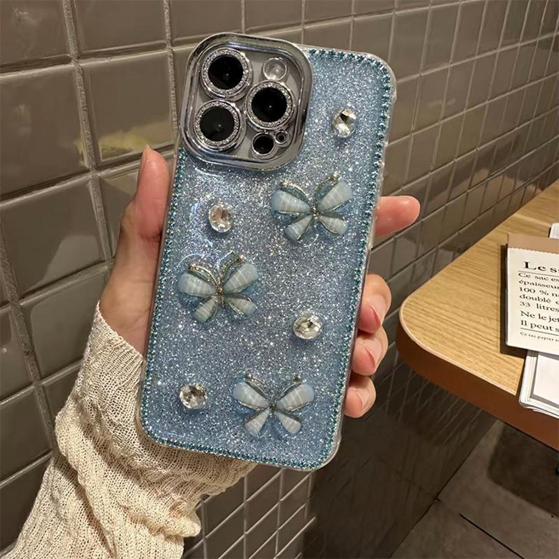 Glitter Glue Glue Rhinestone Bow Phone Case for Apple 17promax All-inclusive Anti-fall for IPhone 16 Female Model
