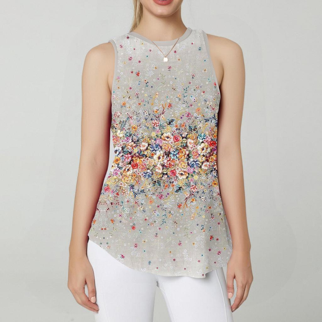 Dames Rund Hals Blomstertrykk Vest Allsidig Løs Kant Ermeløs T-skjorte Topp