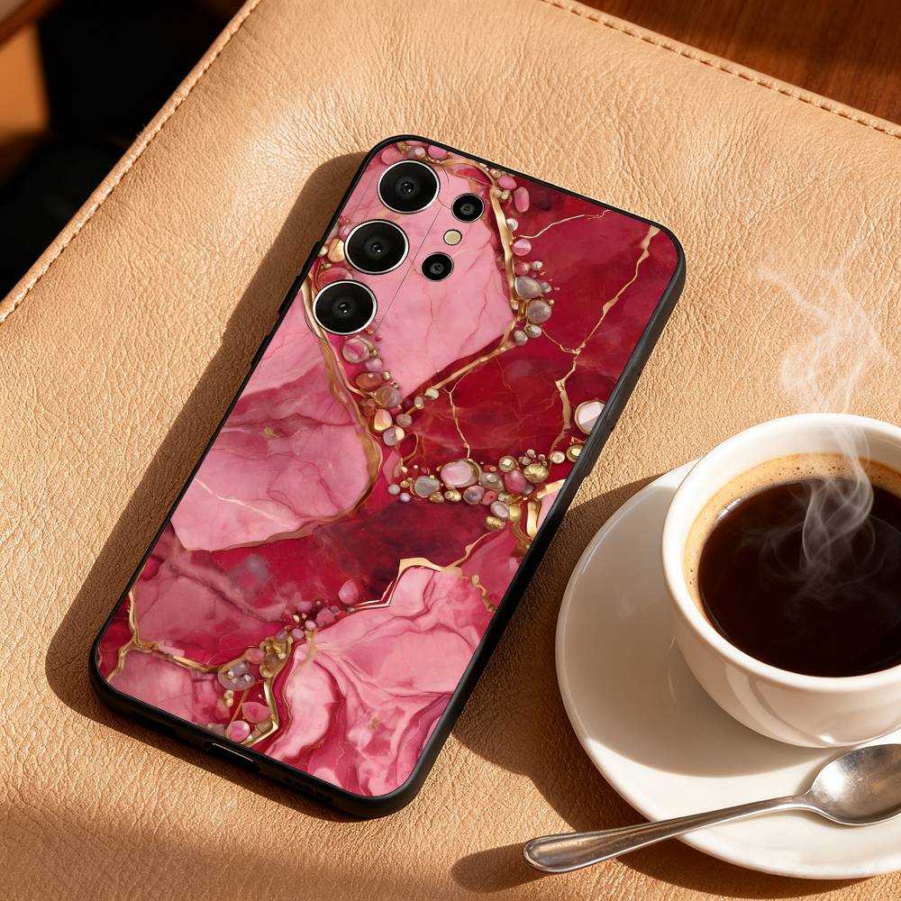 Gold Pink Geometric Marble Phone Case For Samsung S26,S25,24,23,22,30,21,10,9,Ultra,Plus,Lite,Black Soft Case
