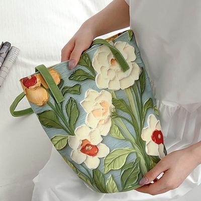 Fashion Women's Shoulder Bag Floral Pattern Canvas Bucket Bag Casual Large Capacity Handbag