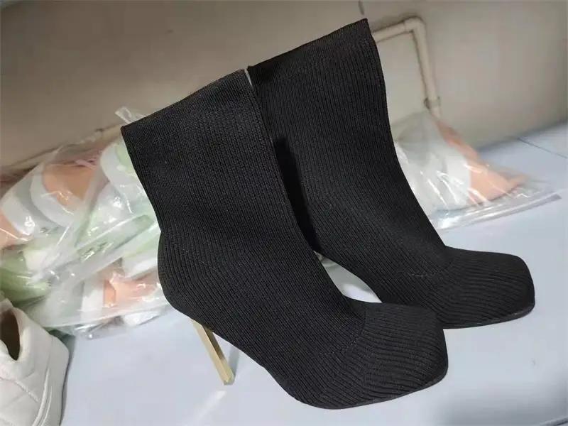 Large Size 43 Sexy Party Sock Boots Women Thin High Heels Fashion Shoes Spring Autumn Female Square Toe Stretch Ankle Boots