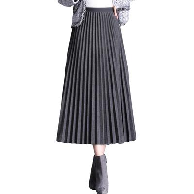 Tuten Pleated Knit and Warm for and Winter Women's Skirt, Long, Solid, High-Waisted, Slimming, Flattering, Soft, Spring, Autumn, (Gray-L)