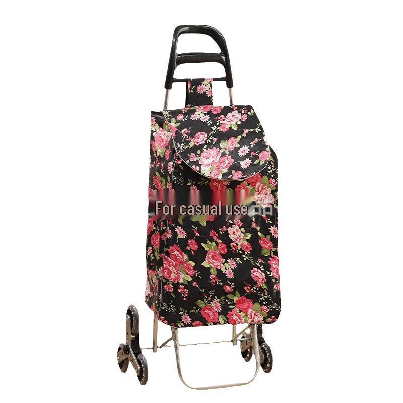 Portable Folding Trolley Cart for Seniors - Floral Pattern, Large Capacity for Grocery Shopping and Home Use