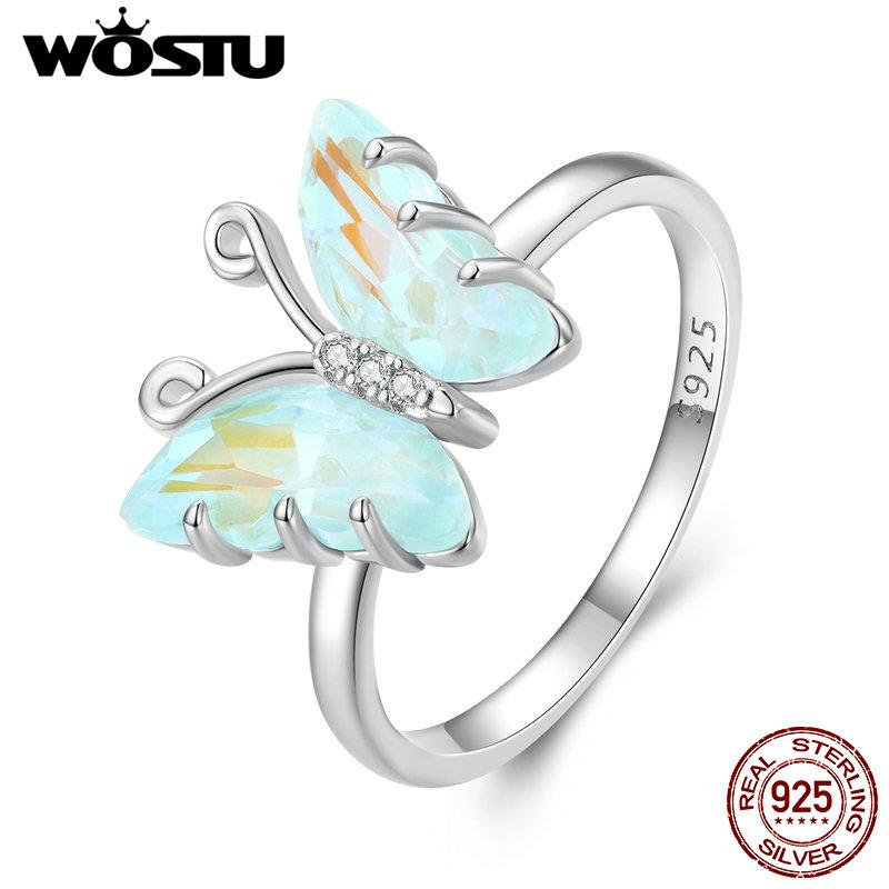 WOSTU Real 925 Sterling Silver Rainbow Crystal Butterfly Band Rings For Women Cute Insect Delicate Party Jewelry Gift