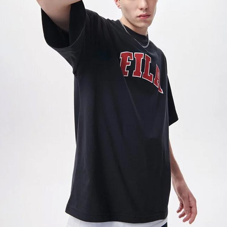 FILA Minimalist Letter Print American Vintage Loose Short Sleeve Drop Shoulder T-Shirt Unisex Tops Black S2RSD2105X-BLK