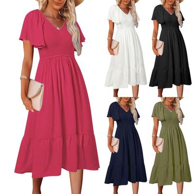 Women's Fashion Summer Solid Color Loose Short Sleeve V-Neck Dress