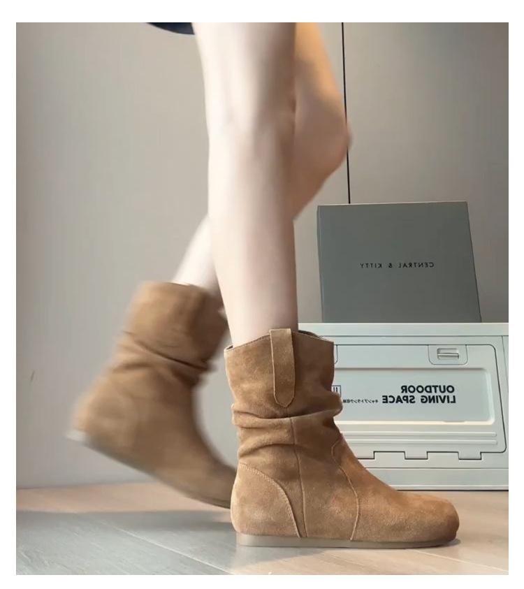 Cowhide version~ retro inner height increase small short boots women's western boots autumn and winter sleeve round head stacking boots slim sh