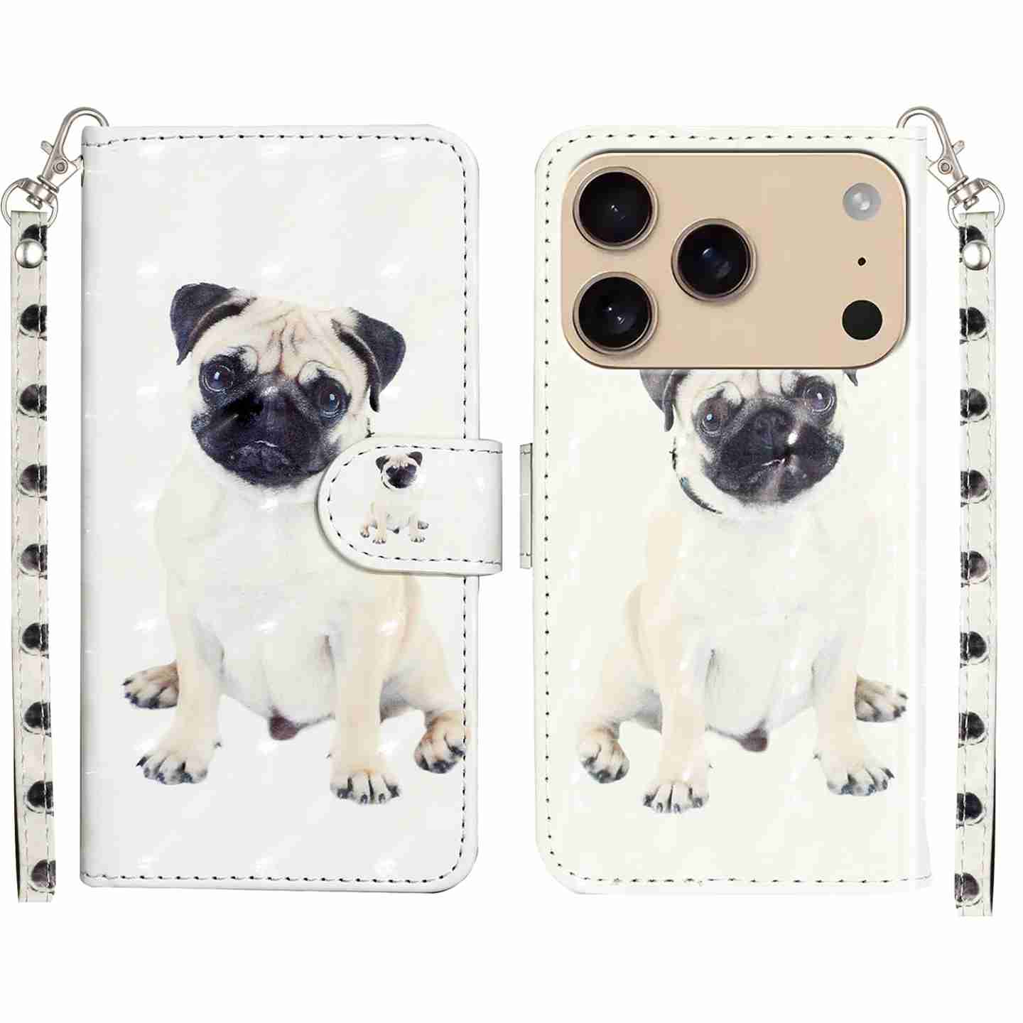 

For iPhone 17 Pro Wallet Case 3D Pattern Printed Leather Phone Cover with Strap E