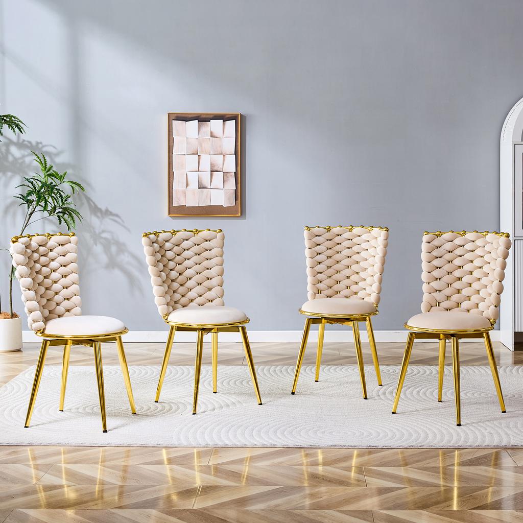 Set of 2 Decorative Dining Chairs Made of Velvet Fabric, with Gold-Colored Metal Legs, Upholstered Seats and Backrests Made of Braided Rope