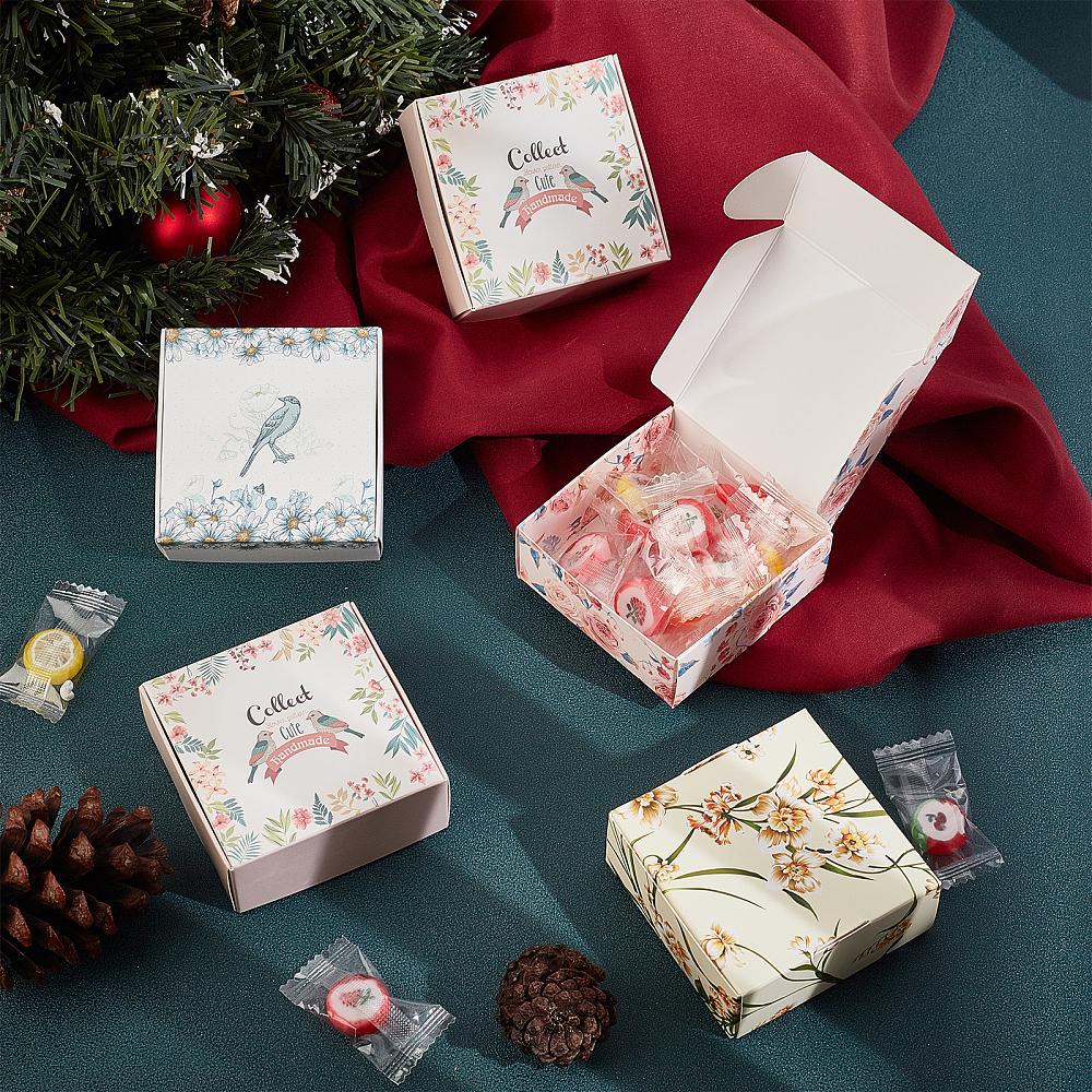 1set Flower Pattern Paper Gift Boxes Folding Boxes for Jewelry Square Mixed Color 7.5x7.5x3cm 5 colors 6pcs/color 30pcs/set