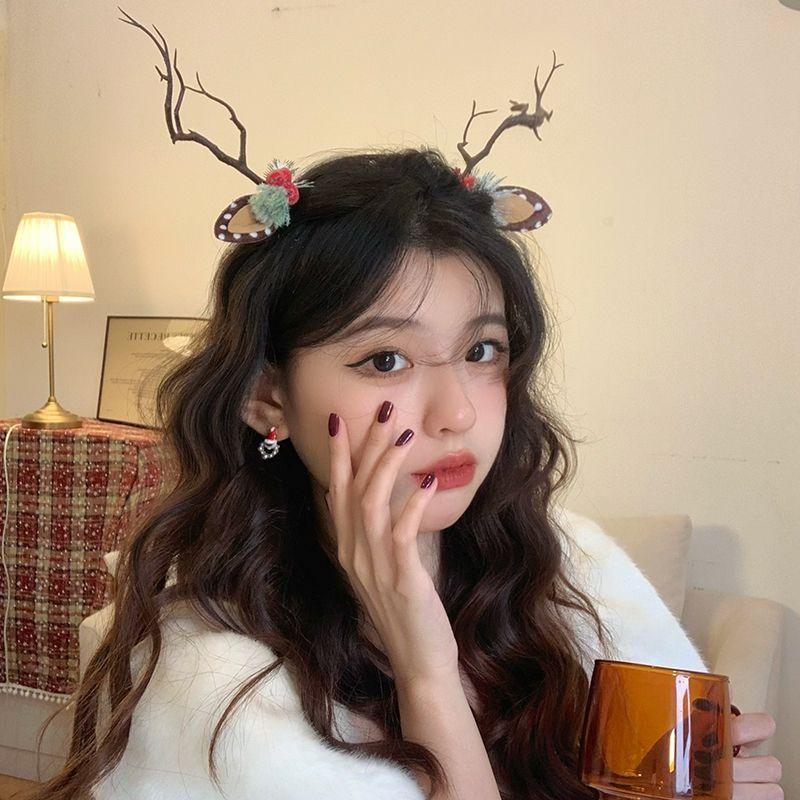 Christmas Deer Hair Clips for Women, Fairy Forest Elf Antler Headband, Fuzzy Pair Clips for Photos, Xmas Gift Accessories