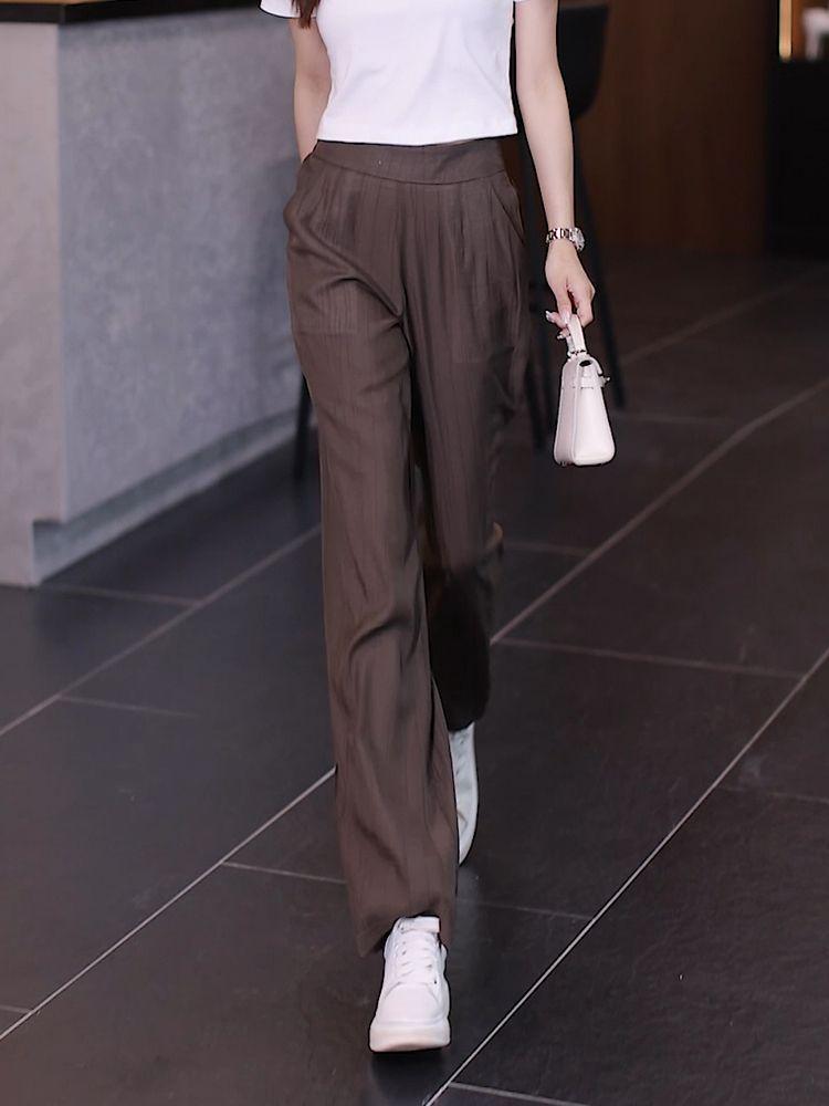 Women's 2024 High Waist Ice Silk Wide Leg Summer Pants - Thin, Loose Fit, Straight Leg, Draping Casual Style.