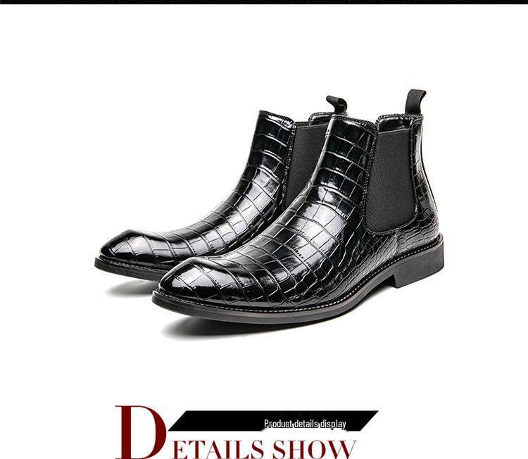 Men's Pointed Toe Chelsea Boots – Vintage Crocodile Pattern, Genuine Leather Slip-On Ankle Boots, Mid-Top British Style.