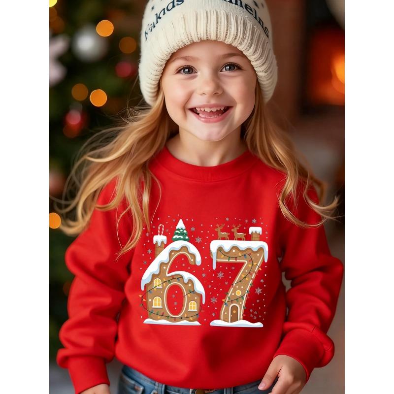 Christmas Birthday Kids Sweatshirt Over 4Y Unisex Boys Girls Gingerbread House Number 67 Reindeer Xmas Snow Graphic Pullover For 4-12 Children