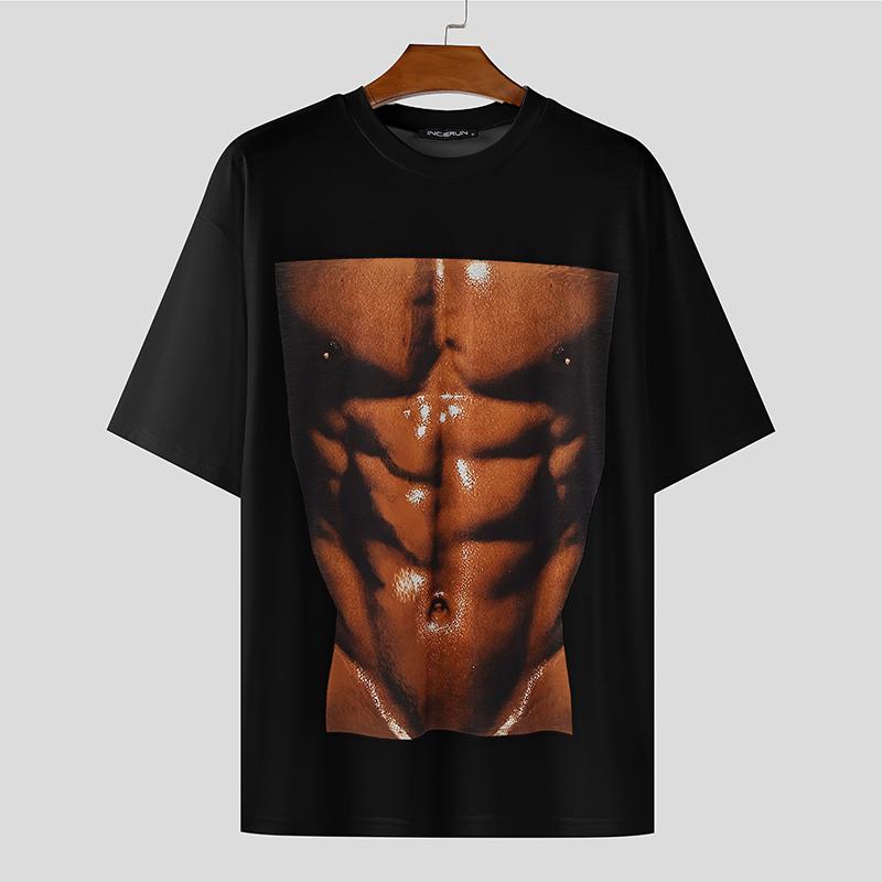 

INCERUN Men O Neck Short Sleeve 3D Muscle Print Casual Loose T-shirts Tops 4XL чёрный