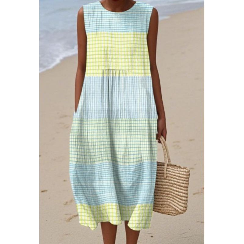 Summer new sleeveless pocket casual printing temperament long dress dress slim dress