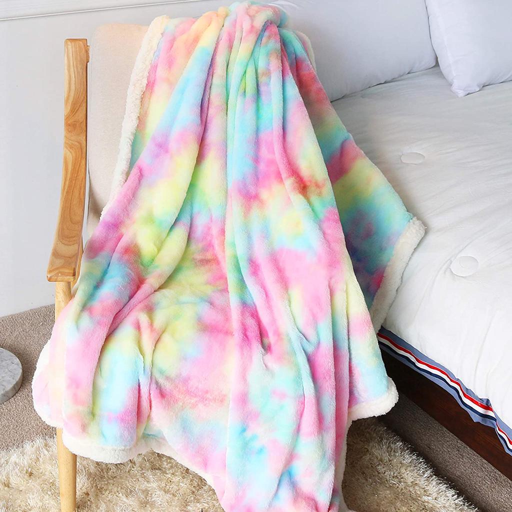Soft Rainbow Plush Faux Fur Throws Bed Blankets Soft Cozy Warm Fluffy Comfortable Blankets