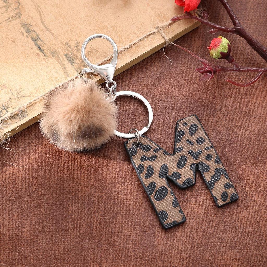 Western Cowboy Leopard Print Leather Keychain with Acrylic Letter and Plush Ball Accessories