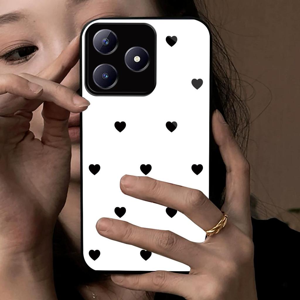 Black Heart Pattern Phone Case for realme C65s C63 C61 Note 60x 60 Acrylic Back TPU Bumper Shockproof Protective Cover, Minimalist Korean Style