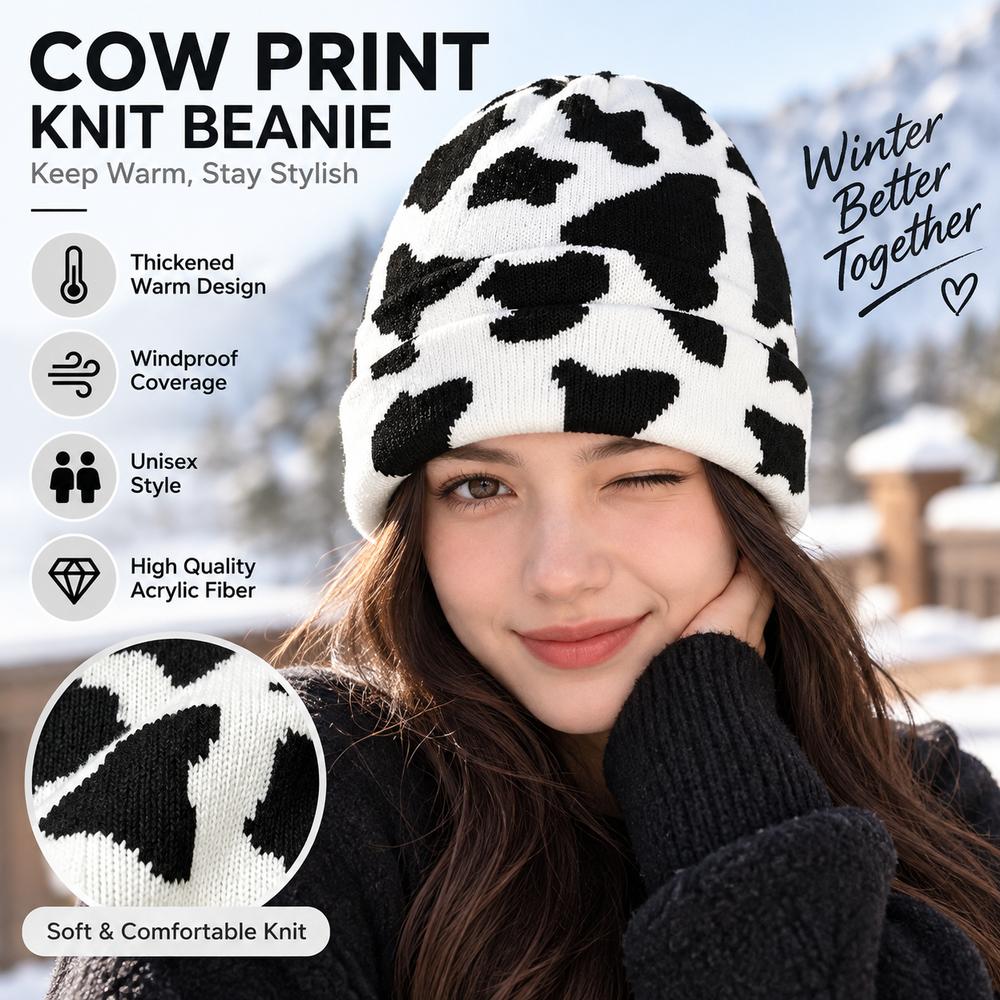 Cow Print Knitted Hat Windproof Warm Hat New Street Cap Unisex