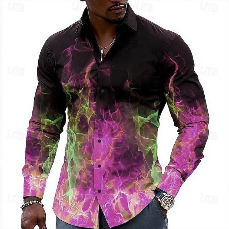 Mens 3d Flame Print Long Sleeve Casual Fashion Hawaiian Shirt