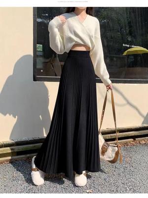 Women's High-Waist Ankle-Length A-Line Knitted Pleated Skirt - Autumn/Winter