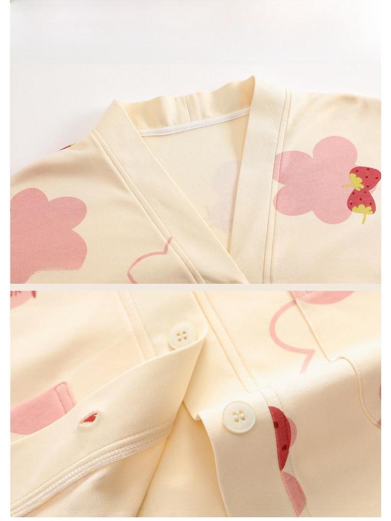 Girls' Cotton Kimono Pajama Set - Long-Sleeve Cardigan & Trousers with Cute Cartoon Design for Spring and Autumn