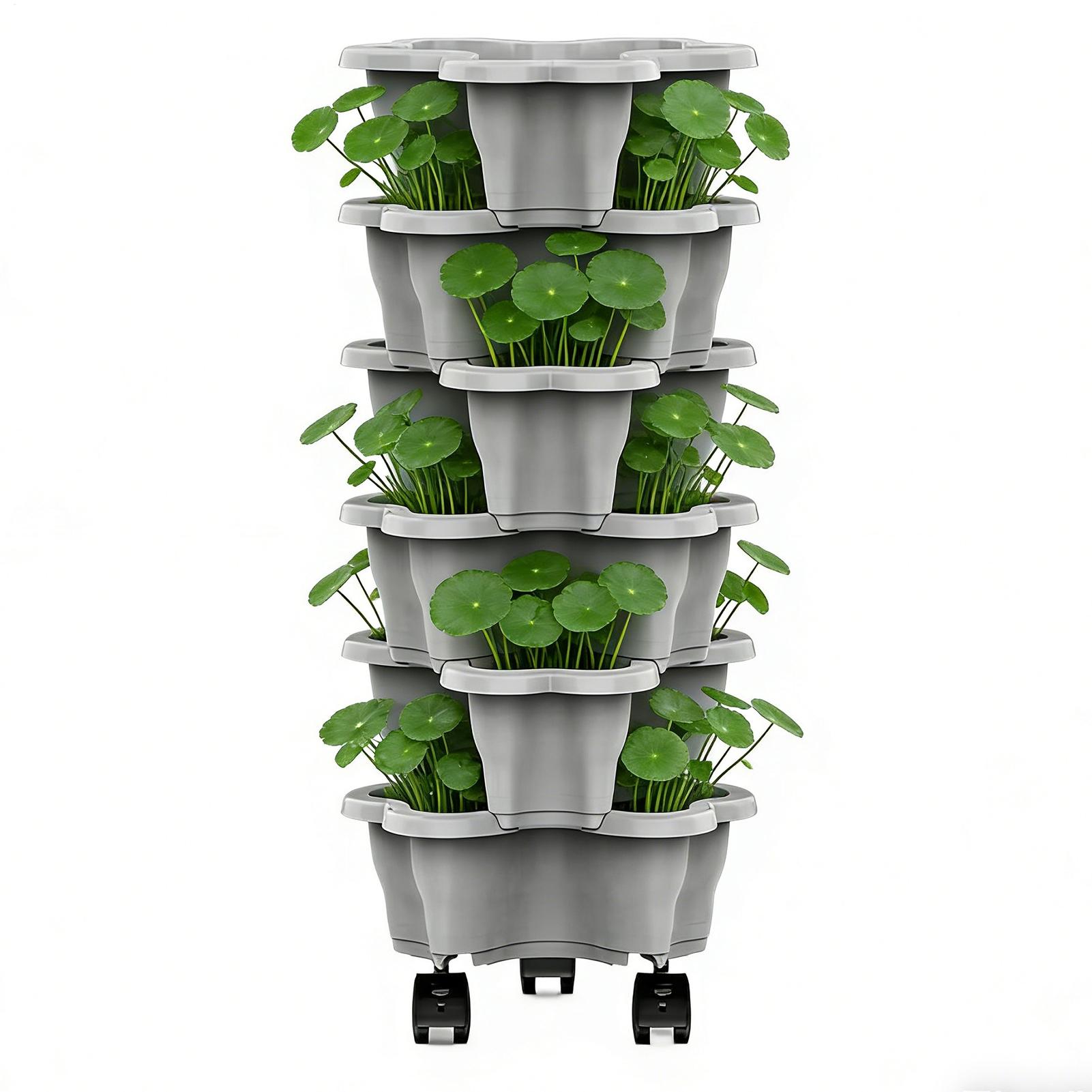 6-Tier Plant Tower With Wheels Stackable Plant Towers ABS Vertical Planter Tower For Strawberry Green Ivy Balcony Terrace