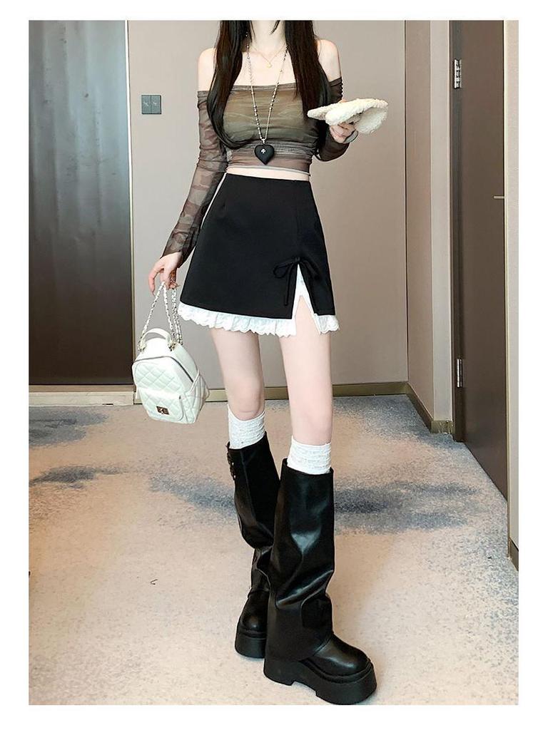 Sweet & Spicy High-Waisted Lace Bodycon Skirt - Grey, Korean Style, Anti-exposure Short A-line Design