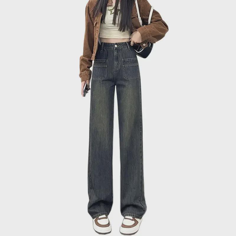 Women's Cement Gray High Waist Slim Straight Jeans - Nostalgic American Style, Wide Leg.