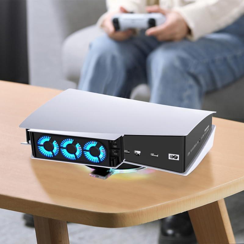 Ventilator de răcire îmbunătățit cu lumină LED, sistem de răcire silentios și eficient, 2 viteze ale ventilatorului, 3 ventilatoare mici, port USB 3.0 pentru PlayStation5 Digital & Discs Edition