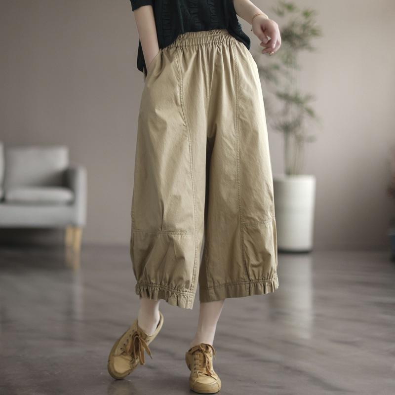 Women's Summer Literary Vintage Cropped Pants Solid Color Casual Youthful Wide-Leg Pants