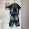 Personalized contrasting colors make old denim rough edge short-sleeved tops Harlan pants two-piece set women's summer style foreign style fashion 