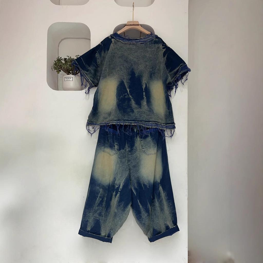 Personalized contrasting colors make old denim rough edge short-sleeved tops Harlan pants two-piece set women's summer style foreign style fashion
