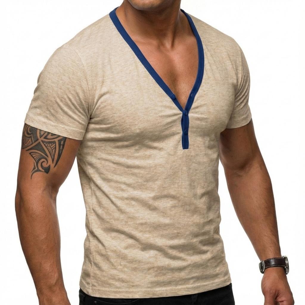 Men's Casual Base Layer Sportswear, Men's Color-blocked Low-cut V-neck Short-sleeved T-shirt Top
