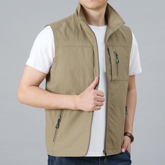 Colete Masculino Gola Alta Sem Mangas Fechamento com Zíper Cor Sólida Casaco Colete com Bolsos Colete de Pesca para Exterior