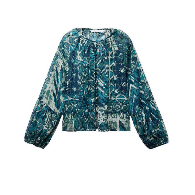 

Spring NEW round Neck Decorated Row Button Print Shirt 2459806 Metal Wire Printed Skirt 2457806 Tops L