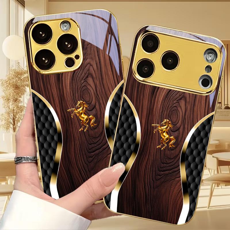 Luxurious and Noble Steed Electroplated Golden Phone Case For iPhone 17 16 15 14 13 12 11 Pro Max Plus 16E 17Air 7 8 Back Cover